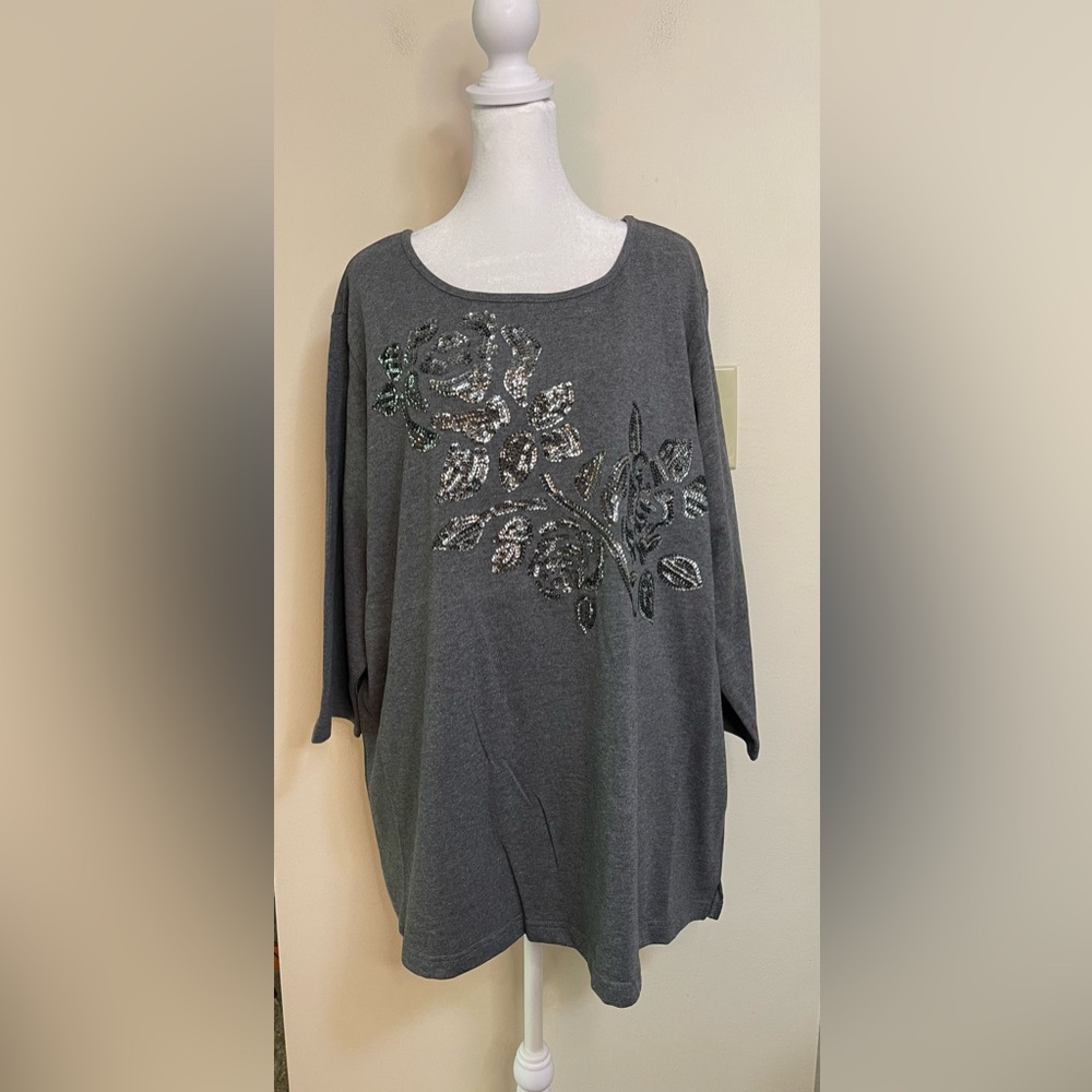 Quacker Factory Women’s Gray & Silver Sequins Shirt Top 3/4 Sleeves Sz 2XL.NWOT